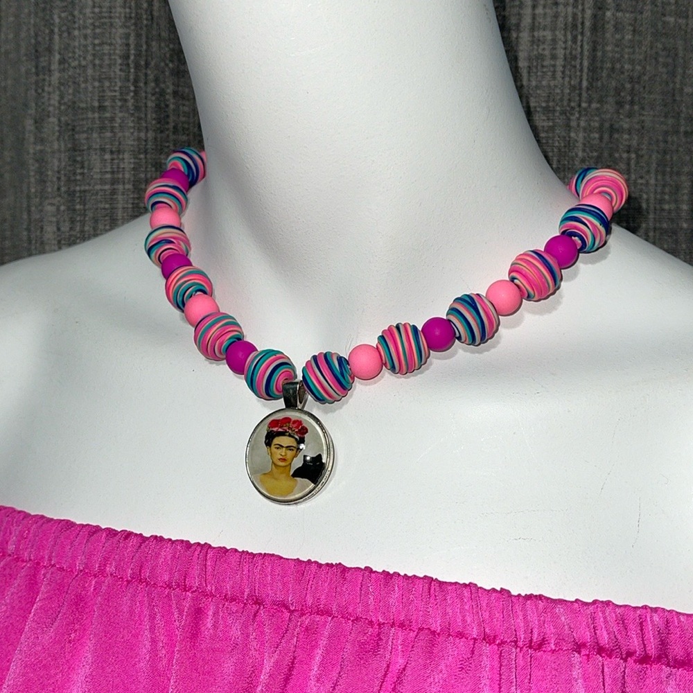 NWOT Handmade Multicolored Frida Kahlo Polymer Clay Beaded Pendant Necklace